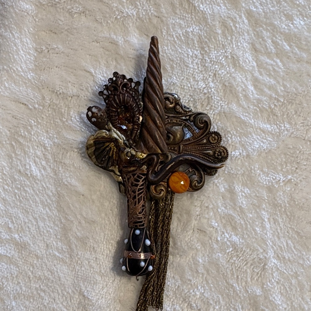 Vintage Style hand made Bronze Brooch with Black and Orange Accents